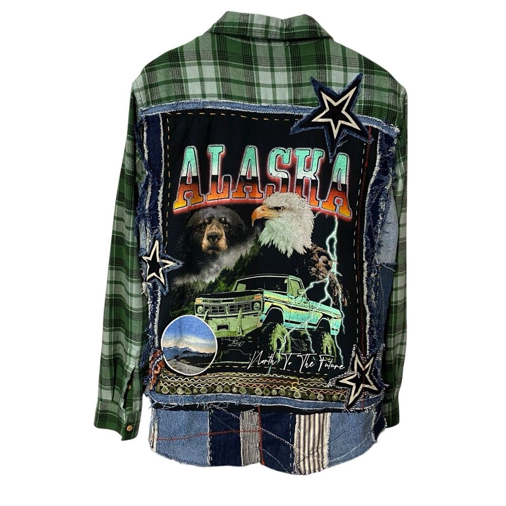 Upcycled Flannel Shirt Shacket Womens Large Alaska Grunge Patchwork Folk Art - Picture 4 of 16